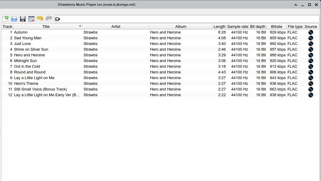 Strawberry Music Player collection interface with track titles, artists, albums and audio-format columns