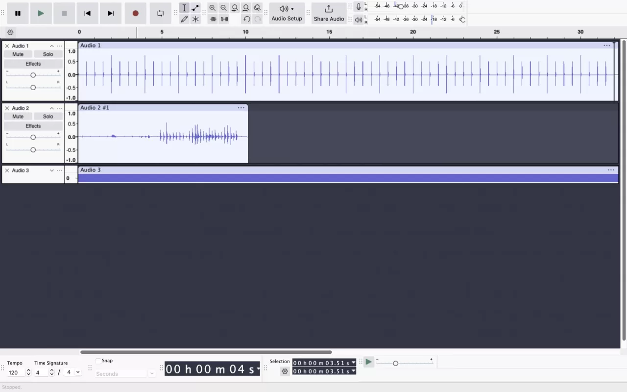 Audacity 3.6 showing audio waveforms, track controls and timeline