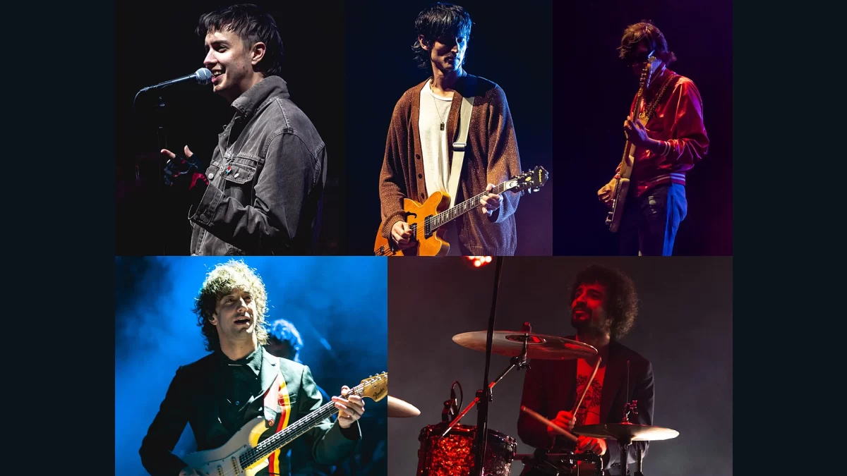 Archive collage showing the five members of The Strokes performing live