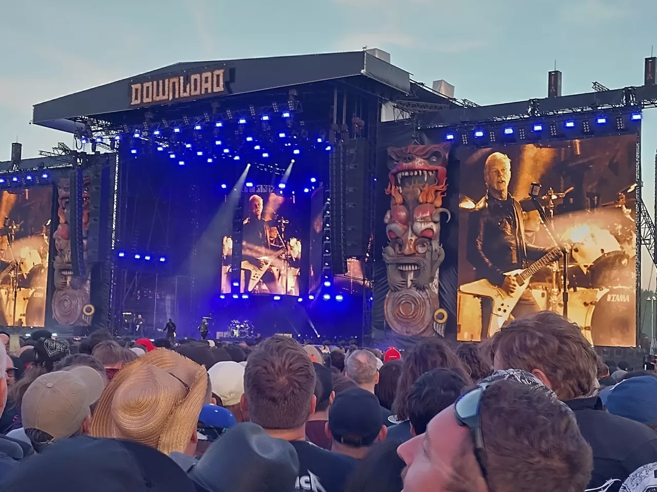 Metallica on stage and on a large video screen at Download Festival in 2023
