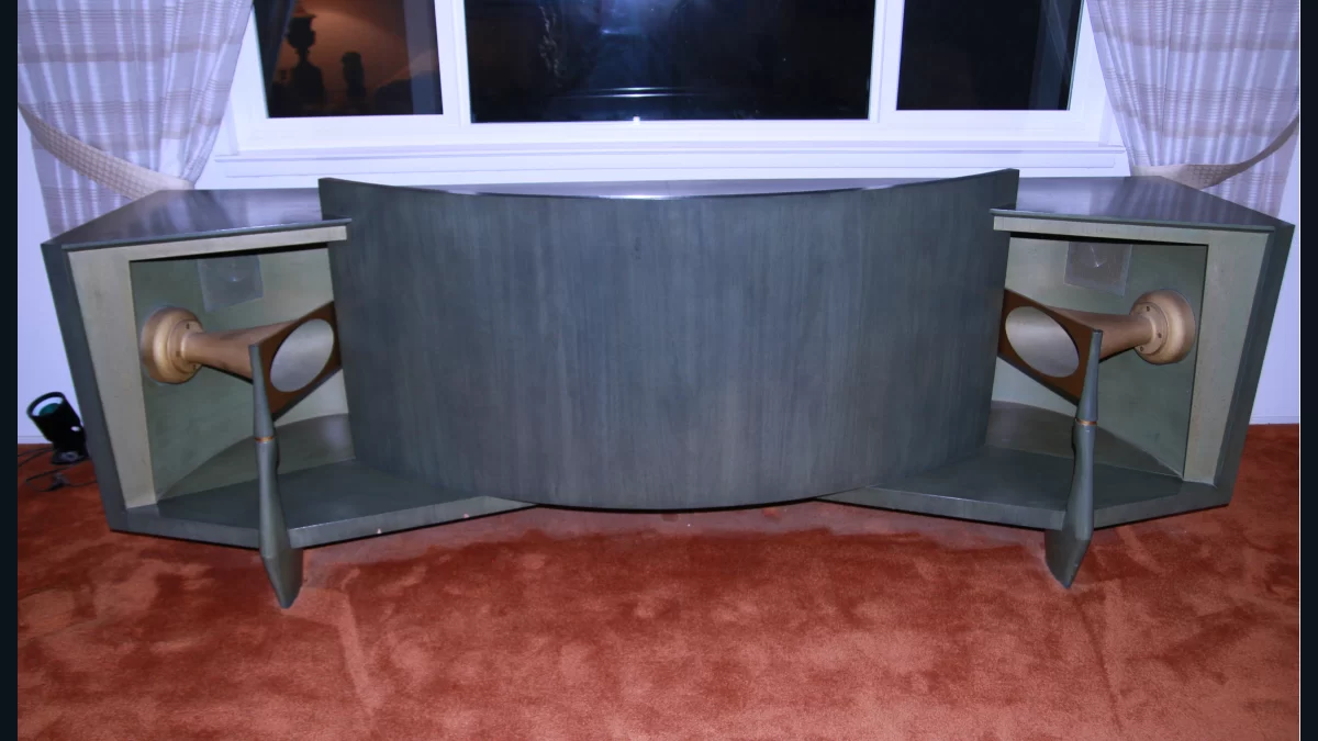 The complete wide cabinet and two horn sections of a JBL Paragon stereo loudspeaker system