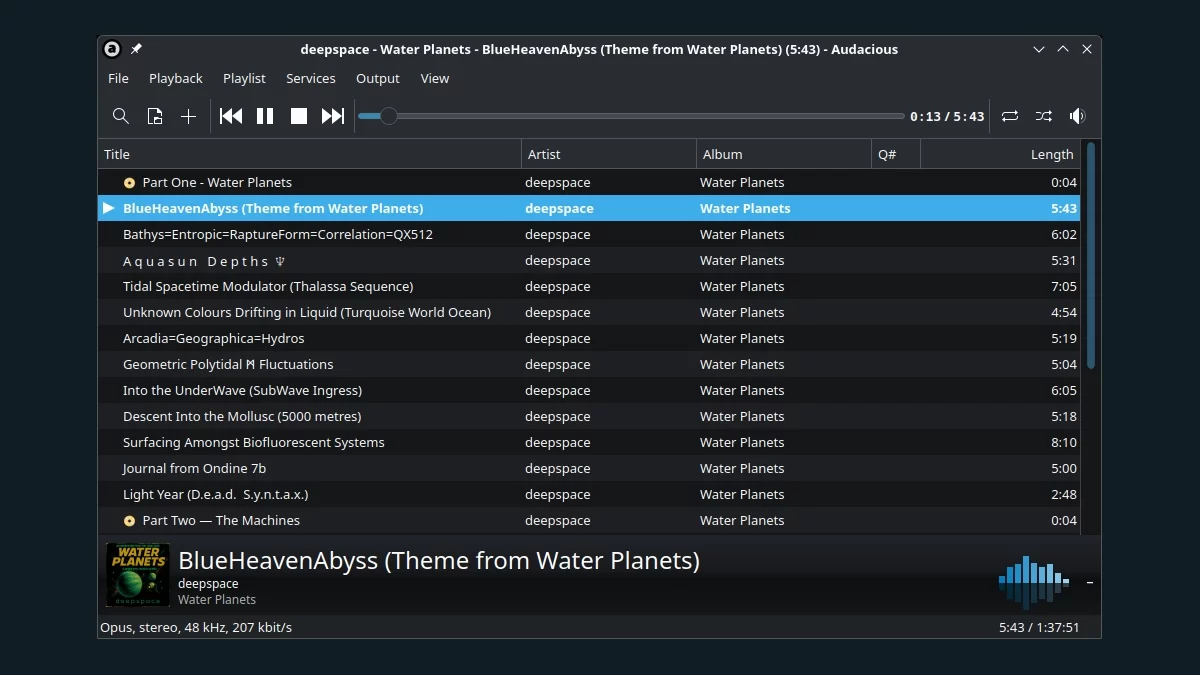 Archive Audacious 4.5 Qt interface showing playback controls and a playlist on KDE